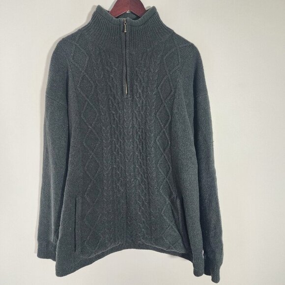 Carraig Donn Men's Quarter Zip Sweater Green Wool Cable Knit Pockets Ireland L - Picture 1 of 12